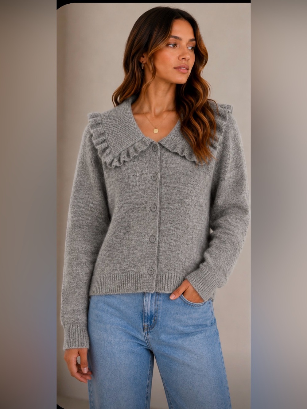 Anthro Self Contrast Light Gray Ruffle-Collar Zip Knit Cardigan‎ large
